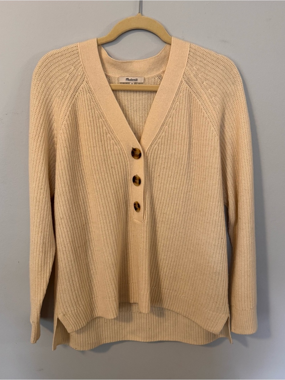 Madewell Merino Wool Blend Henley Sweater Womens Medium Cream Rib Knit Oversized